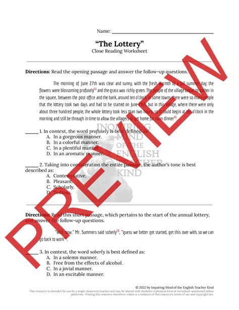 The Lottery Reading Questions Answer Key .